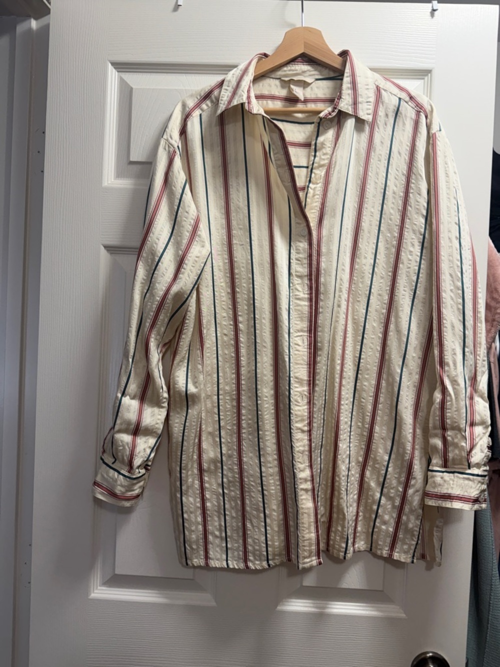H&M Cream Striped Button-Down Oversized Shirt